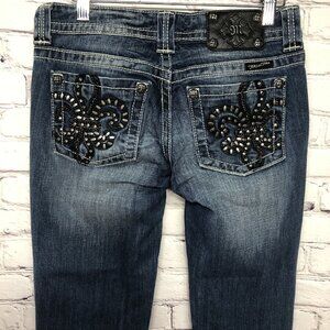 Miss Me Bling Thick Stitch Y2K Easy Boot Cut Mid Rise Stretch Sz 27X33 1/2